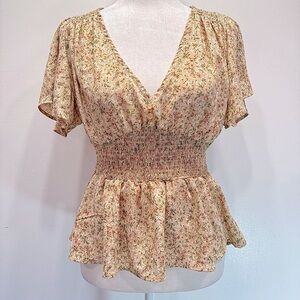 Boho Dainty Floral Low V Neck Smocked Waist Flutter Sleeve Blouse Feminine Large